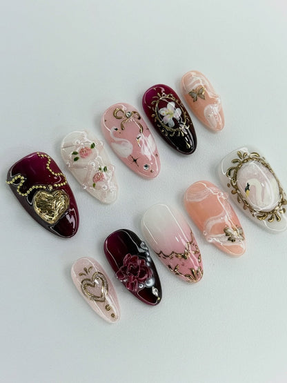 Vintage Romantic Press On Nails Burgundy Pink Gold Frame Art Set