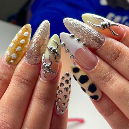 Velvet Polka Dot Chrome Press On Nails with Metallic Details