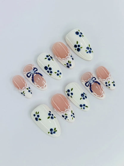 Blue Floral French Press On Nails with Pearl Bow Details