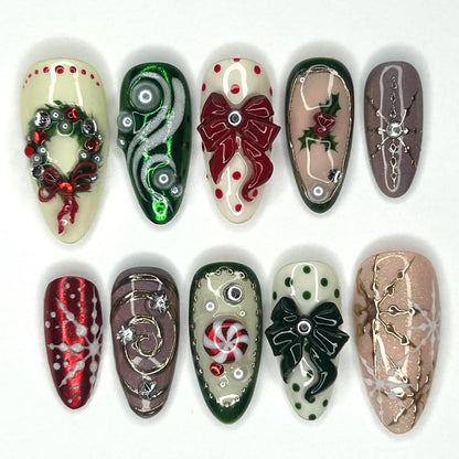 Christmas Bow Candy Cane Press On Nails with Holiday Wreath and Snowflake Details