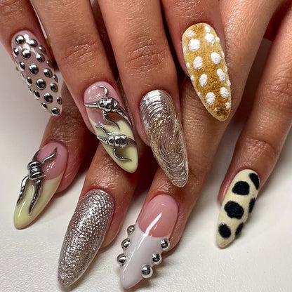 Velvet Polka Dot Chrome Press On Nails with Metallic Details