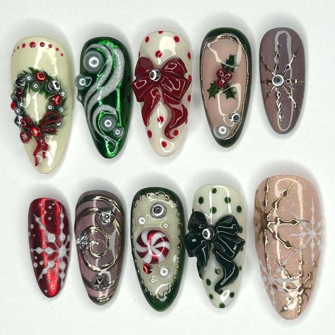 Christmas Bow Candy Cane Press On Nails with Holiday Wreath and Snowflake Details