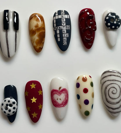 Artistic Pattern Press On Nails with Piano, Stars, Apple, and Polka Dot Details