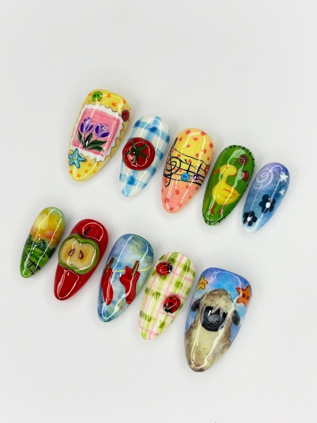 Whimsical Hand Painted Press On Nails Colorful Storybook Art Set