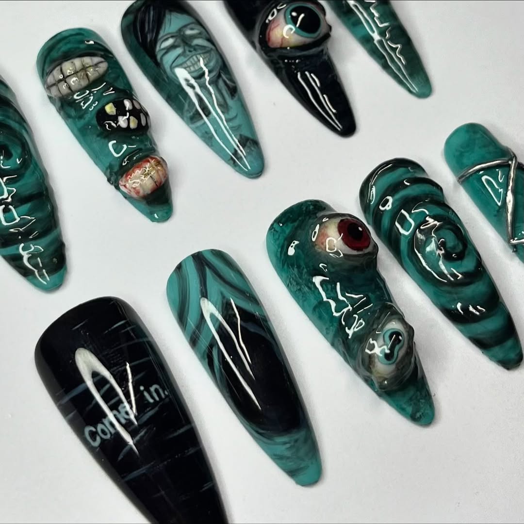 Dark Green Horror Press On Nails with Eye and Spiral Details