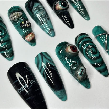 Dark Green Horror Press On Nails with Eye and Spiral Details