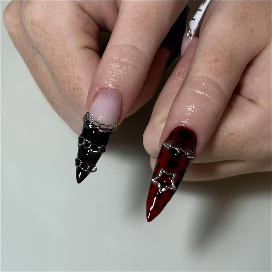 Gothic Chain Cherry Press On Nails with Mixed Stiletto Design