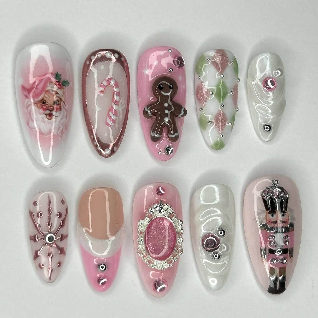 Pink Christmas Press On Nails with Gingerbread and Nutcracker Details