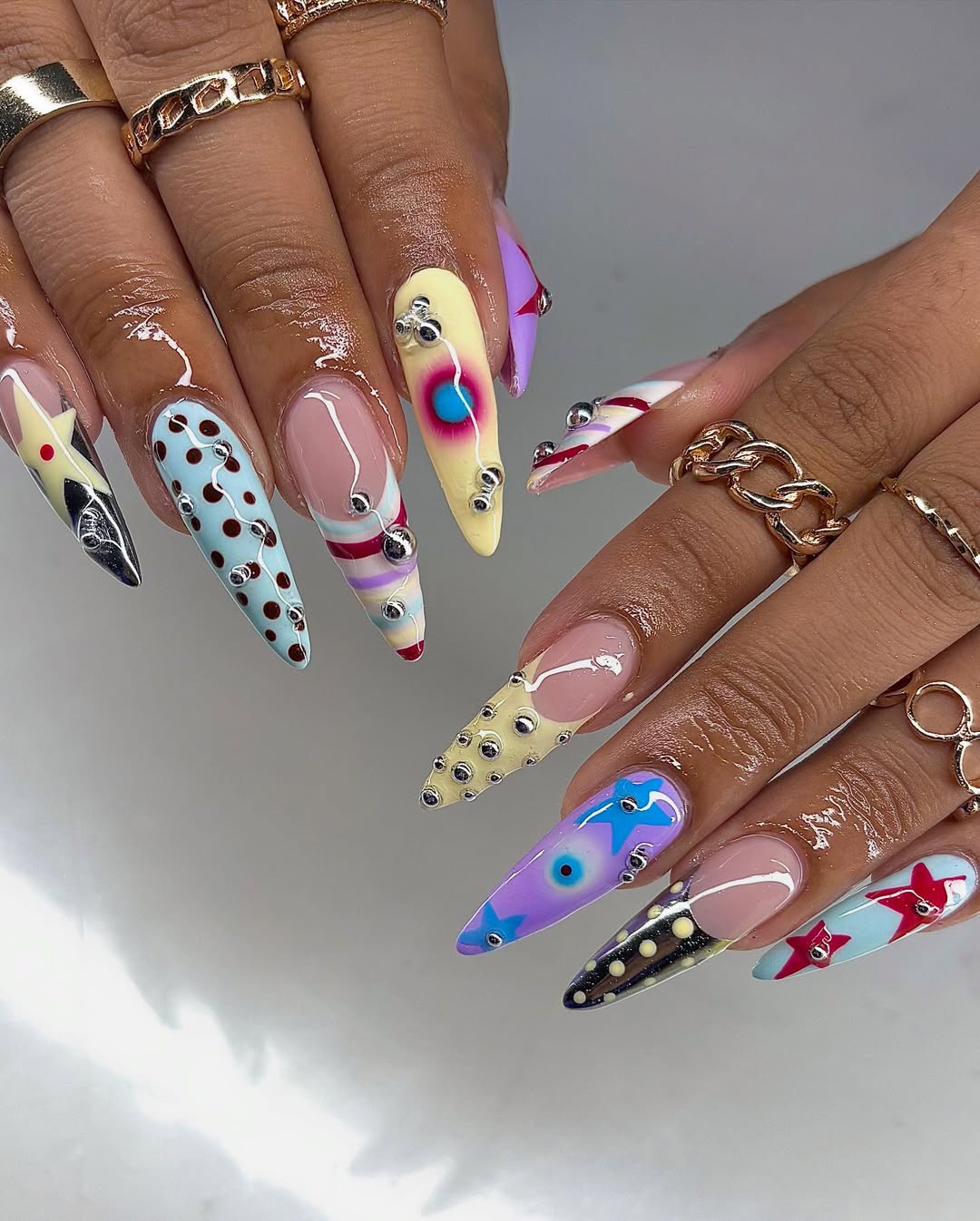 Colorful Abstract Press On Nails with Stars and Mixed Dot Details