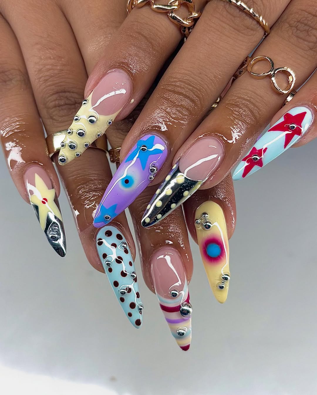 Colorful Abstract Press On Nails with Stars and Mixed Dot Details