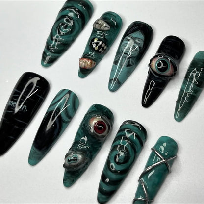 Dark Green Horror Press On Nails with Eye and Spiral Details