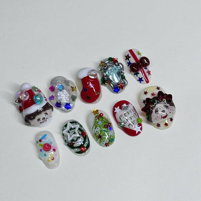 Christmas Cartoon Press On Nail Set Cute Holiday Festive Design