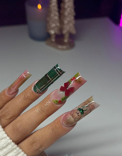 Holiday Bear Press On Nails with Plaid and Bow Details