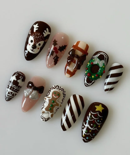 Christmas Gingerbread Chocolate Press On Nail Set Cute Holiday Nails