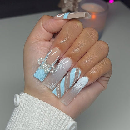 Winter Press On Nail Set Blue Plaid Snowflake Cozy Style