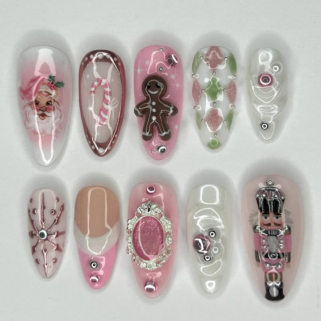 Pink Christmas Press On Nails with Gingerbread and Nutcracker Details