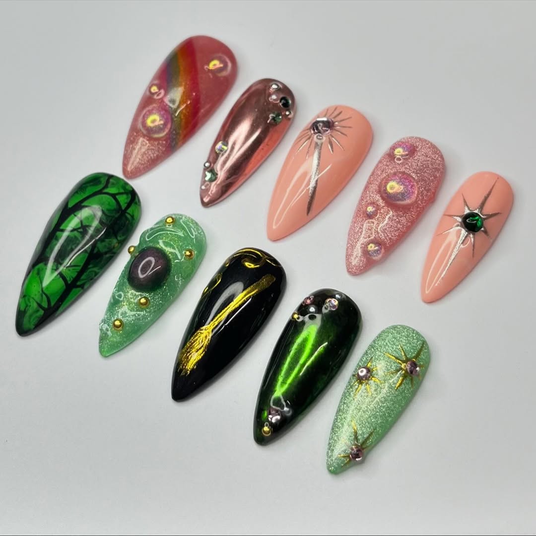Magic Forest Press On Nail Set Fairy Witch Green Pink Design