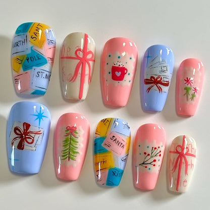 Pastel Christmas Letter Gift Press On Nail Set Cute Winter
