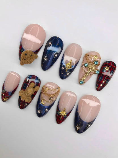 Plaid Teddy Press On Nail Set Blue Gold Winter Style