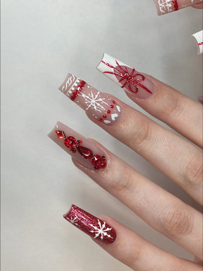 Red Christmas Nail Set Festive Snowflake Bow Design
