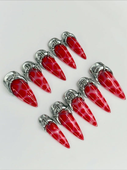 Red Jelly Chrome Press On Nails With Silver 3D Sculpted Frames