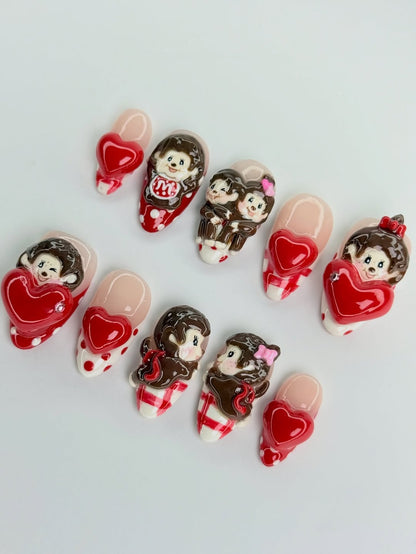 Valentine Monkey Heart Press On Nails Red White Cute Love Nail Set
