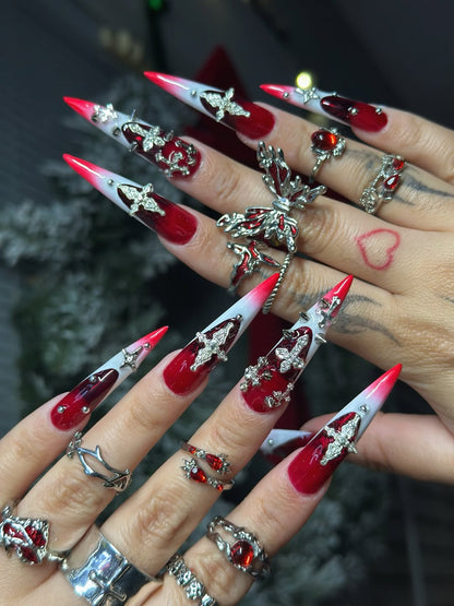 Red Gradient Cross Accent Stiletto Press On Nail Set