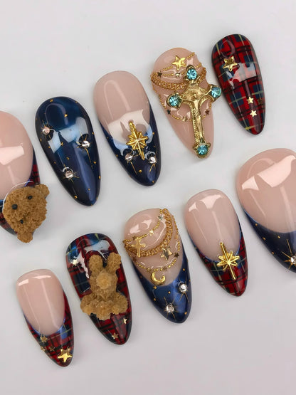 Plaid Teddy Press On Nail Set Blue Gold Winter Style