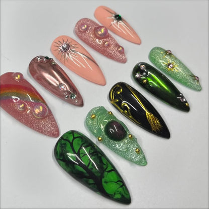 Magic Forest Press On Nail Set Fairy Witch Green Pink Design