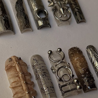 Gothic Metal Press On Nail Set Chrome Sculpted Detail