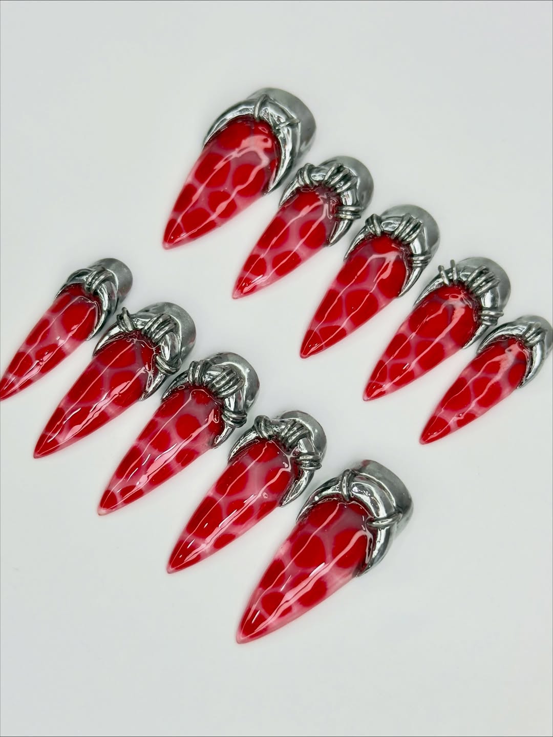 Red Jelly Chrome Press On Nails With Silver 3D Sculpted Frames