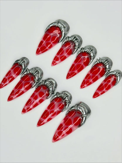 Red Jelly Chrome Press On Nails With Silver 3D Sculpted Frames