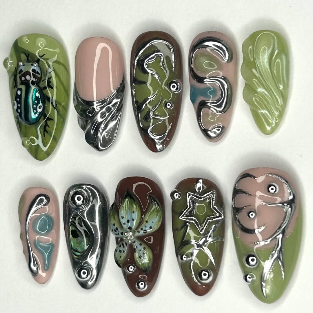 Green Beetle Press On Nail Set Nature Art Metallic Style