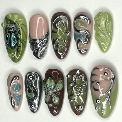 Green Beetle Press On Nail Set Nature Art Metallic Style