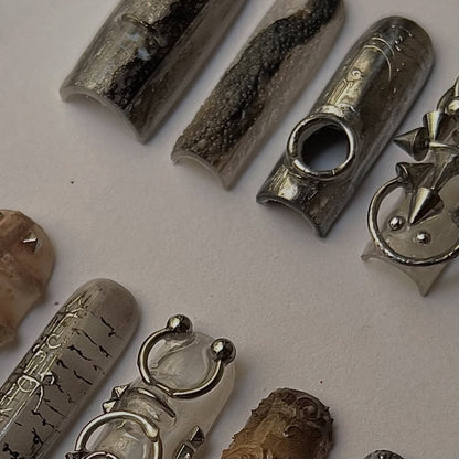 Gothic Metal Press On Nail Set Chrome Sculpted Detail