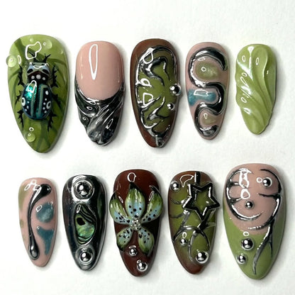 Green Beetle Press On Nail Set Nature Art Metallic Style