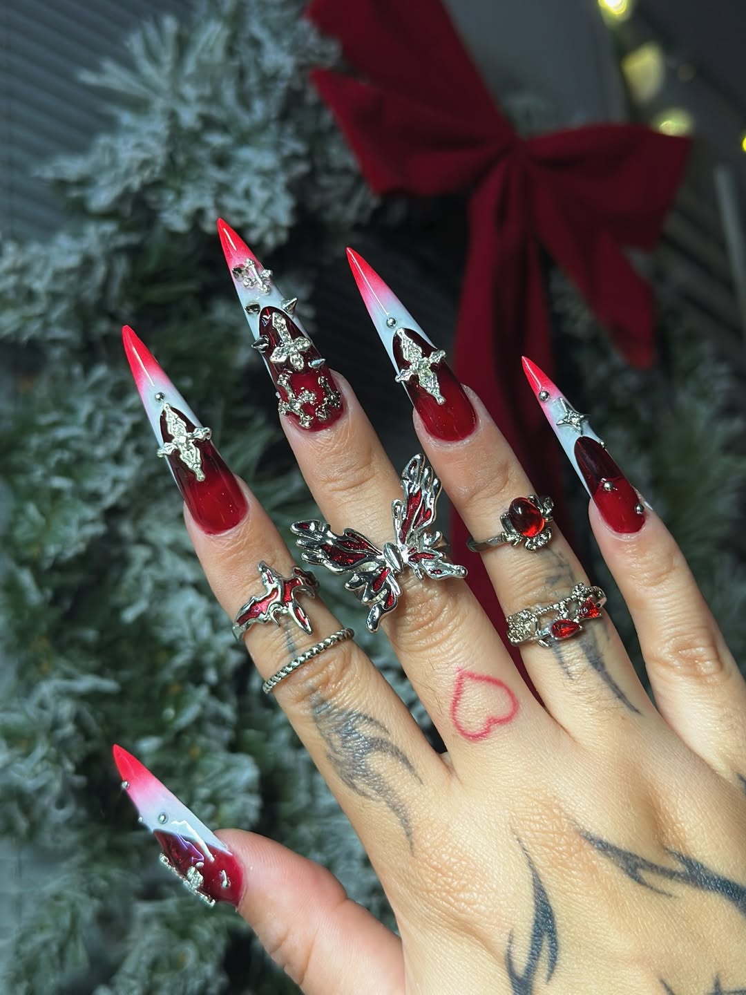 Red Gradient Cross Accent Stiletto Press On Nail Set