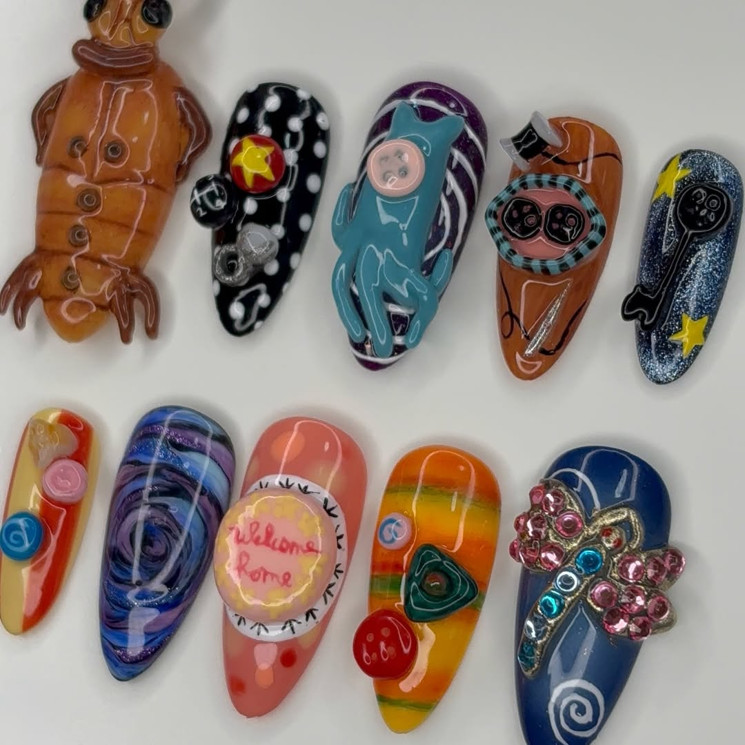 Whimsical Cartoon Art Press On Nails Colorful Playful Statement Set