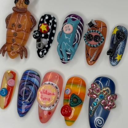 Whimsical Cartoon Art Press On Nails Colorful Playful Statement Set