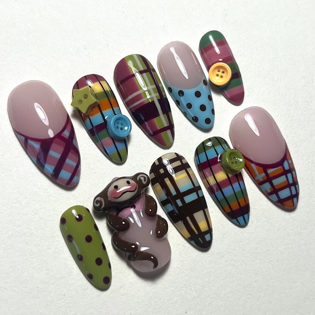 Plaid Teddy Winter Press On Nails Navy Gold Charm Set