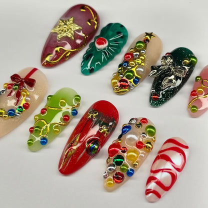 Festive Ornament Christmas Press On Nail Set Colorful Holiday Design
