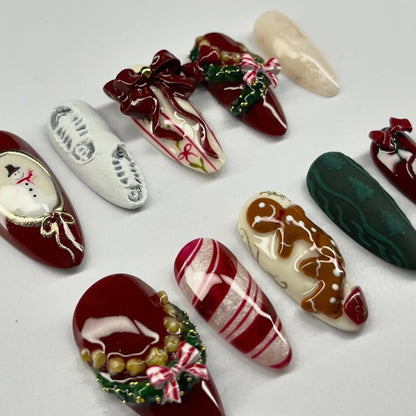 Christmas Gingerbread Press On Nail Set Red Bow Holiday Style