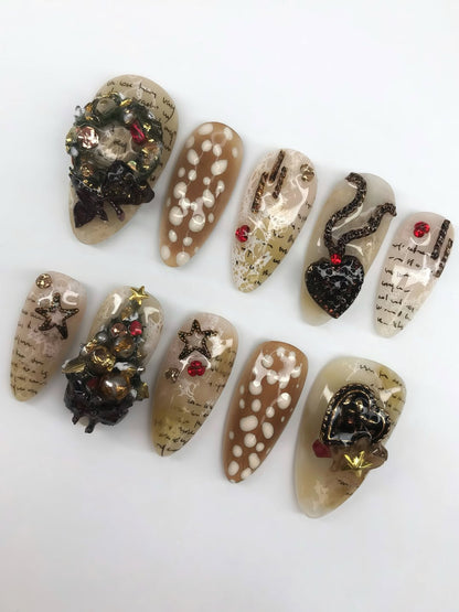 Vintage Script 3D Neutral Art Press On Nail Set