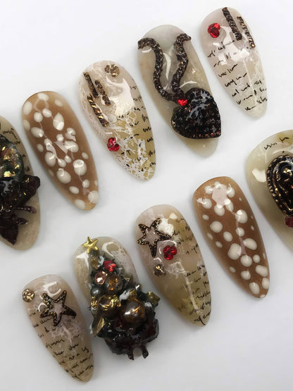 Vintage Script 3D Neutral Art Press On Nail Set