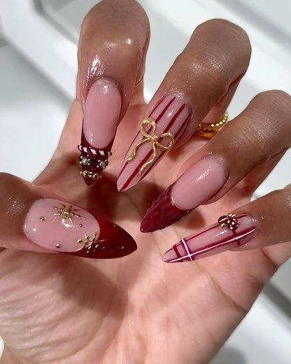 Red Bow Plaid Holiday Press On Nail Set Elegant Winter