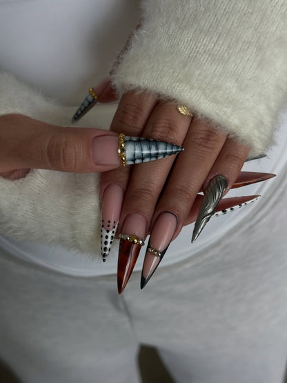 Polka Dot Tortoiseshell Stiletto Press On Nail Set Black White Abstract Art