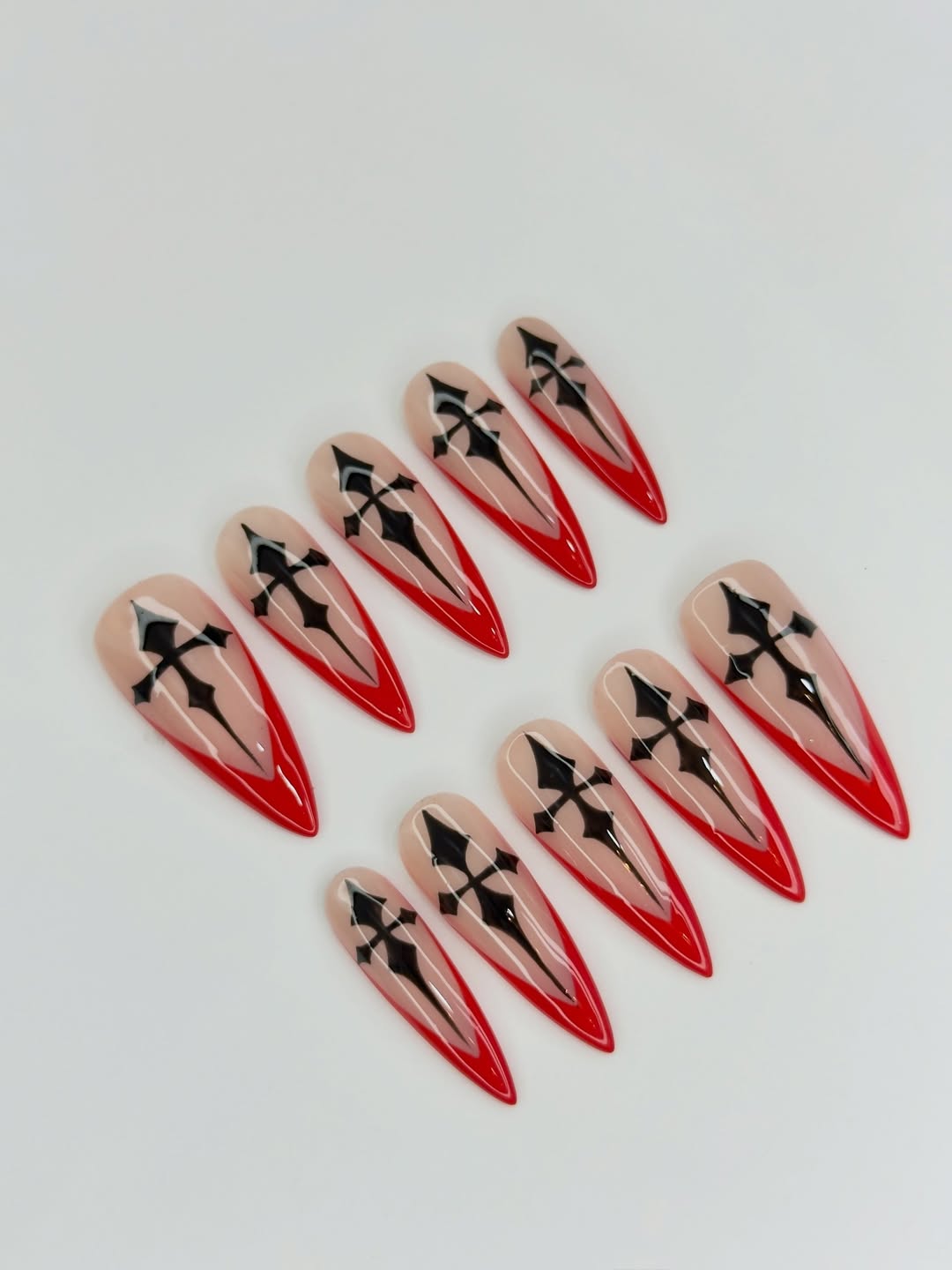 Red Black Gothic Symbol Press On Nail Set Stiletto Design