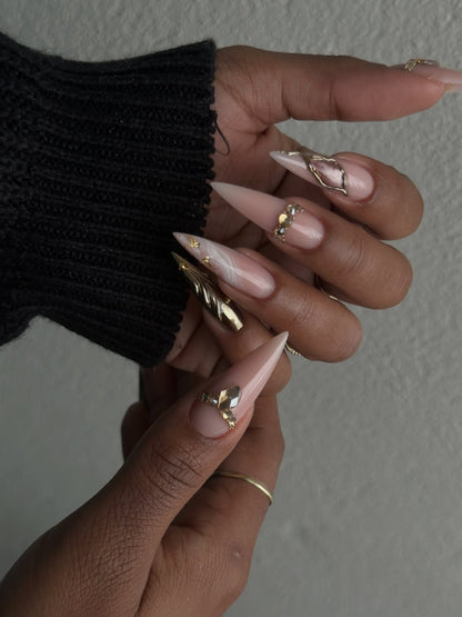 Nude Gold Marble Stiletto Press On Nail Set Elegant Minimal Luxury Design
