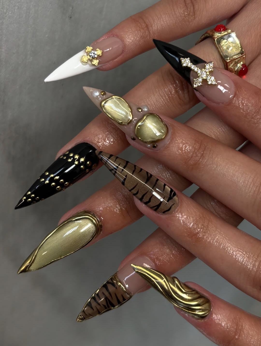 Leopard Print Gold Accent Stiletto Press On Nail Set