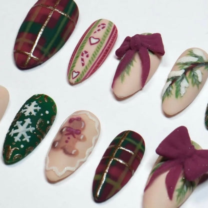 Christmas Plaid Bow Gingerbread Press On Nail Set Festive Winter